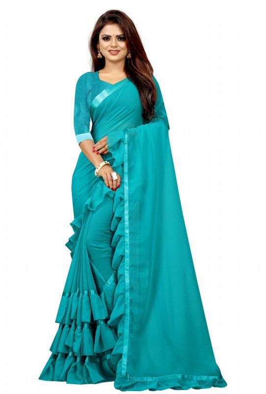 Solid/Plain Daily Wear Georgette, Satin Saree  (Light Blue)