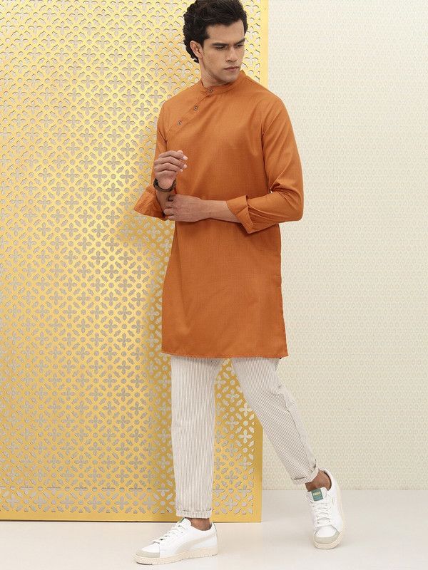 Men Self Design Polyester Straight Kurta  (Brown)