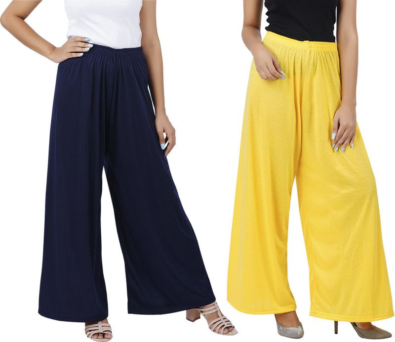 Pack of 2 Women Flared Blue, Yellow Cotton Blend Trousers
