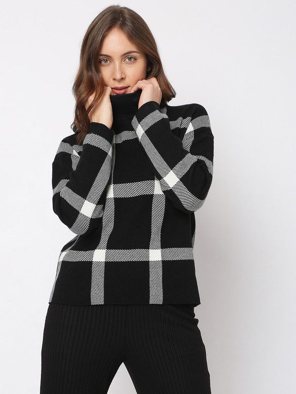Women Checkered High Neck Black Sweater