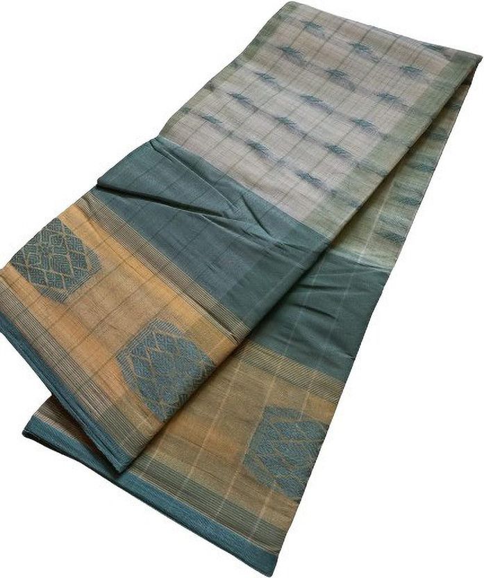 Solid/Plain Daily Wear Pure Cotton Saree  (Grey, Yellow)