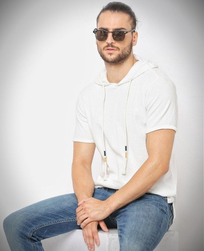 Men Solid Hooded Neck Cotton Blend White T-Shirt