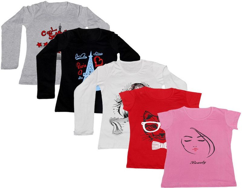Pack of 5 Women Printed Round Neck Cotton Blend Red, White, Pink, Black, Grey T-Shirt