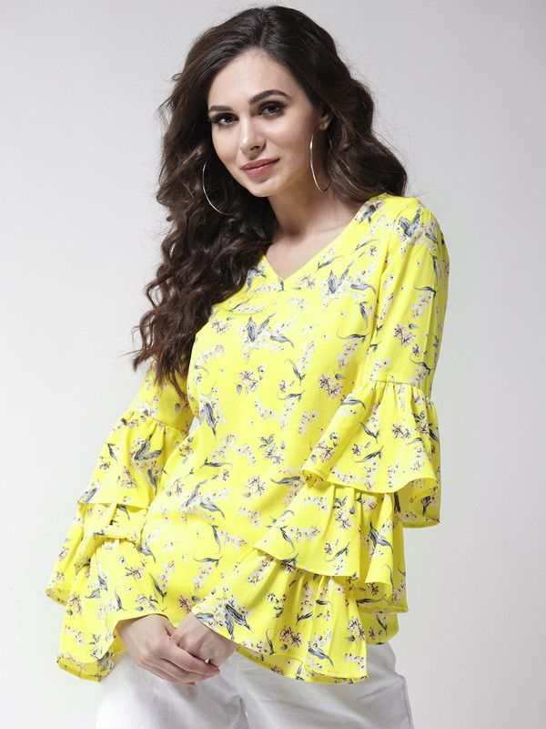 Casual Layered Printed Women Yellow Top