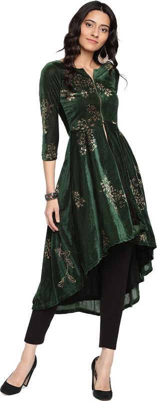 Women Floral Print Velvet Straight Kurta  (Green)