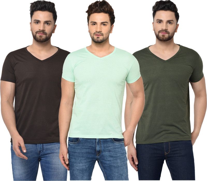 Pack of 3 V neck Combo T-shirts Men Solid V Neck Cotton Blend Multicolor T-Shirt