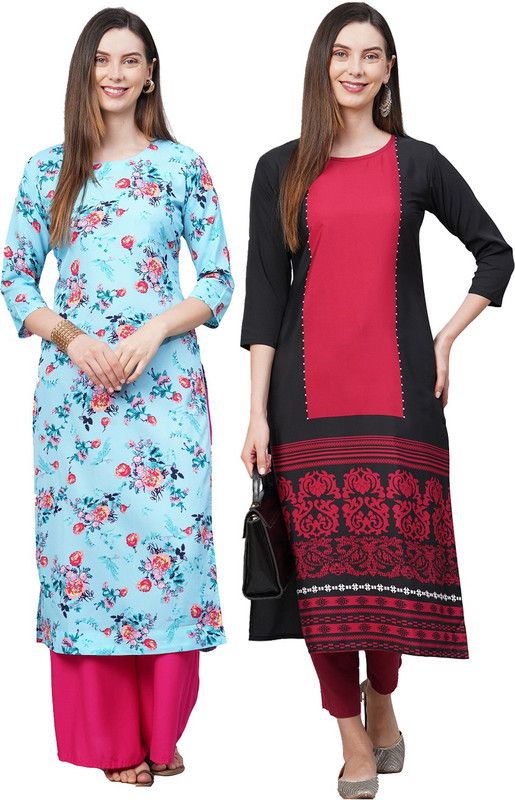 Pack of 2 Women Floral Print Crepe Straight Kurta  (Multicolor)