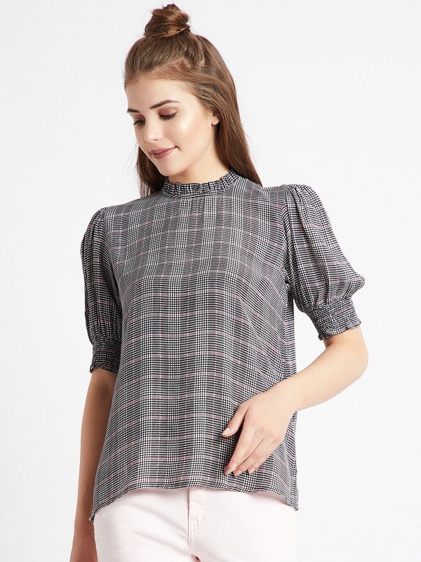 Casual Puff Sleeves Printed, Checkered Women White, Black Top