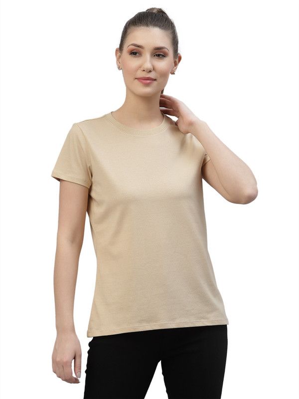 Womens Cotton Regular Fit Half Sleeve Solid T-Shirt (Beige) Women Solid Round Neck Pure Cotton Beige T-Shirt