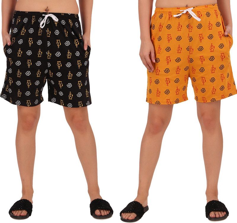 Pack of 2 Printed Women Reversible Black, Yellow Regular Shorts