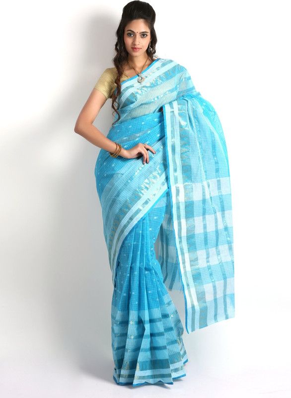 Woven Jamdani Handloom Cotton Blend Saree  (Blue)