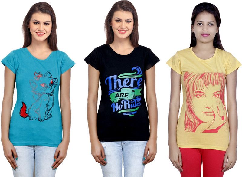 Pack of 3 Women Printed Round Neck Cotton Blend Blue, Black, Yellow T-Shirt