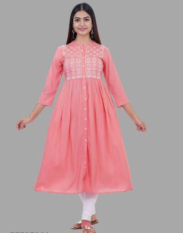 Women Embroidered Pure Cotton Anarkali Kurta  (Pink)