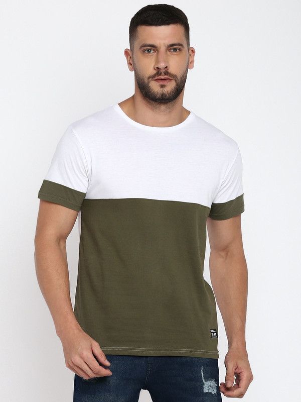 Men Color Block Round Neck Pure Cotton Green, White T-Shirt
