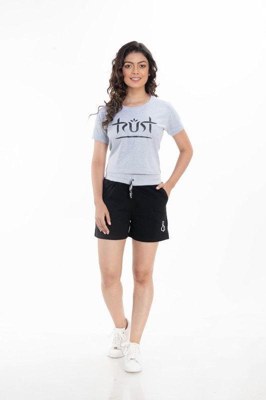 Women Top & Shorts Set Grey, Black Printed