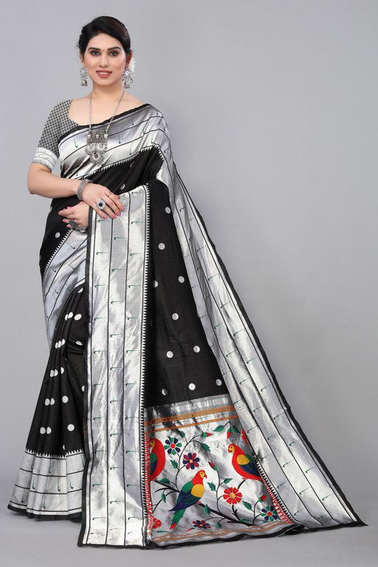 Woven Paithani Silk Blend Saree  (Black)