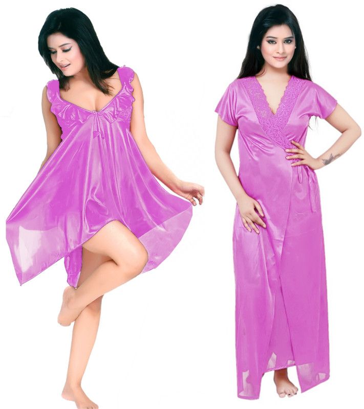 Pack of 2 Women Nighty with Robe  (Purple, Multicolor)