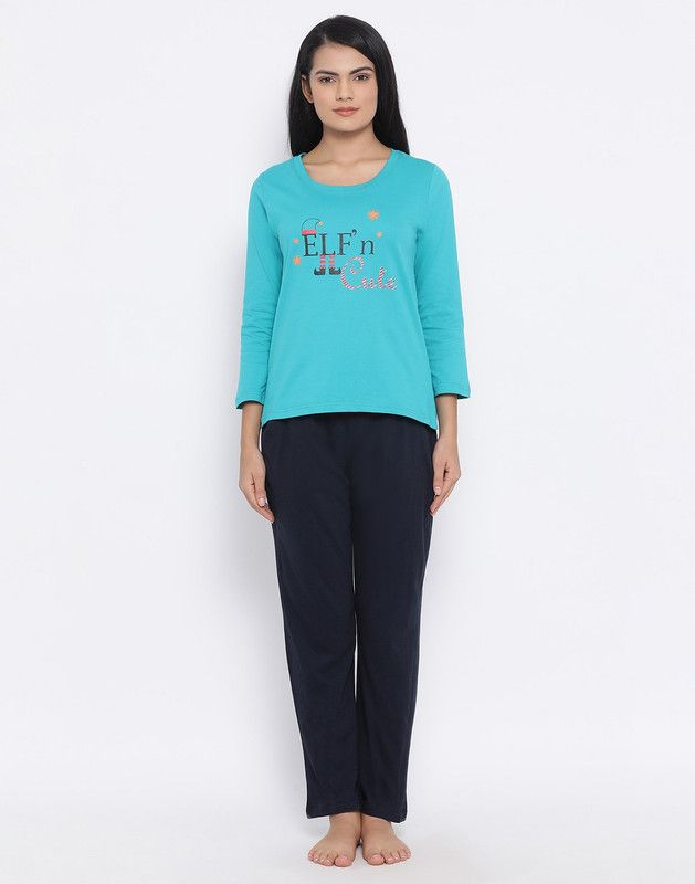 Women Top & Pyjama Set Blue Graphic Print