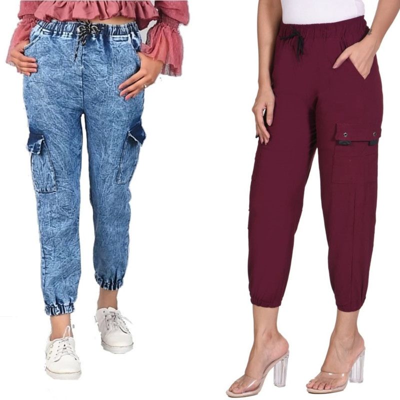 Women Jogger Fit Mid Rise Blue, Maroon Jeans  (Pack of 2)
