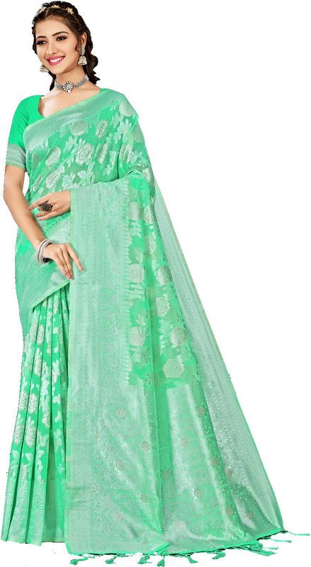 Floral Print Kanjivaram Cotton Silk Saree  (Light Green)