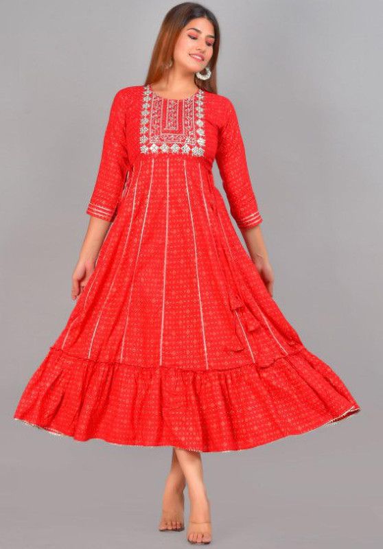 Women Printed Viscose Rayon Anarkali Kurta  (Red, Gold)