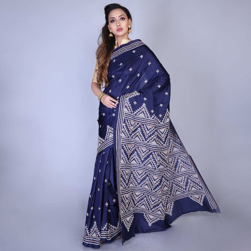 Embroidered Bollywood Pure Silk Saree  (Dark Blue)