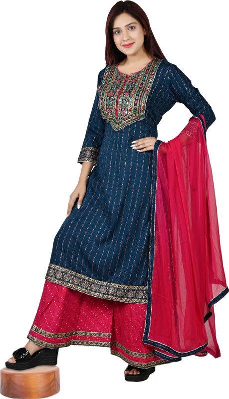 VTY Printed Kurta, Palazzo & Dupatta Set