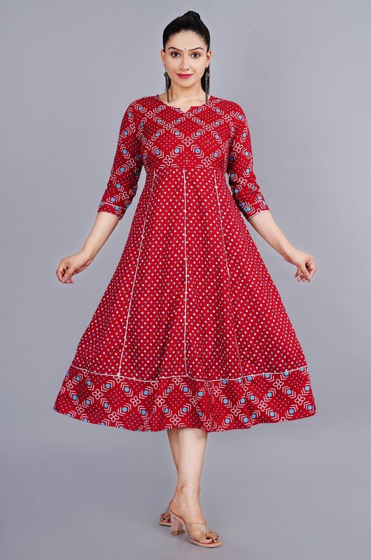 Women Bandhani Viscose Rayon Anarkali Kurta  (Maroon)