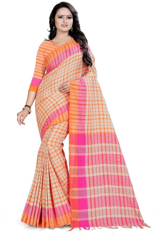 Checkered Daily Wear Cotton Jute Saree  (Orange)