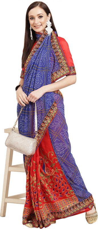 Self Design, Printed, Embroidered Bandhani Georgette, Silk Blend Saree  (Red, Blue)