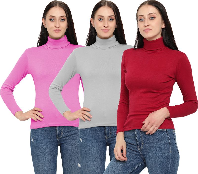 Pack of 3 Women Solid High Neck Cotton Blend Grey, Maroon, Pink T-Shirt