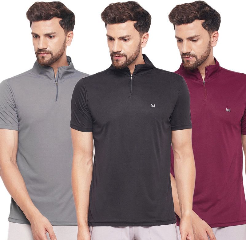 Pack of 3 Men Solid Zip Neck Polyester Multicolor T-Shirt