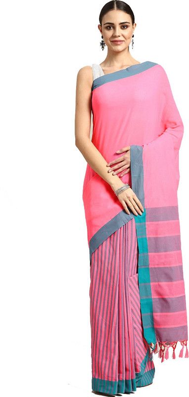 Checkered Handloom Cotton Silk Saree  (Pink)