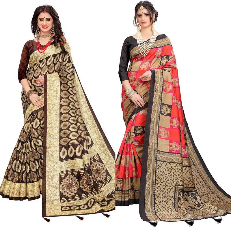Mysore Cotton Blend, Pure Silk Saree  (Pack of 2, Multicolor)