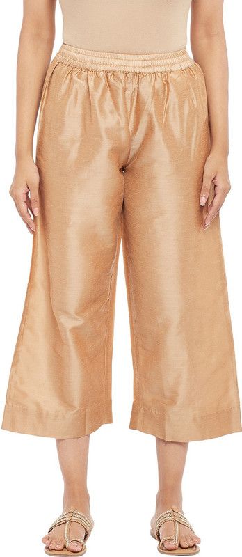 Women Regular Fit Gold Silk Blend Trousers