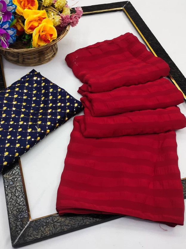 Striped Daily Wear Jacquard Saree  (Red)