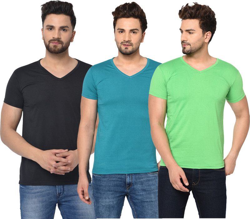 Pack of 3 V Neck T-Shirt Combo of 3 Men Solid V Neck Cotton Blend Light Blue, Green, Black T-Shirt
