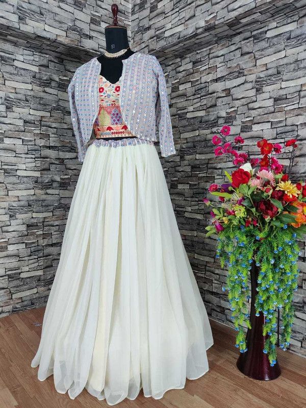 Semi Stitched Lehenga with Jacket  (White)