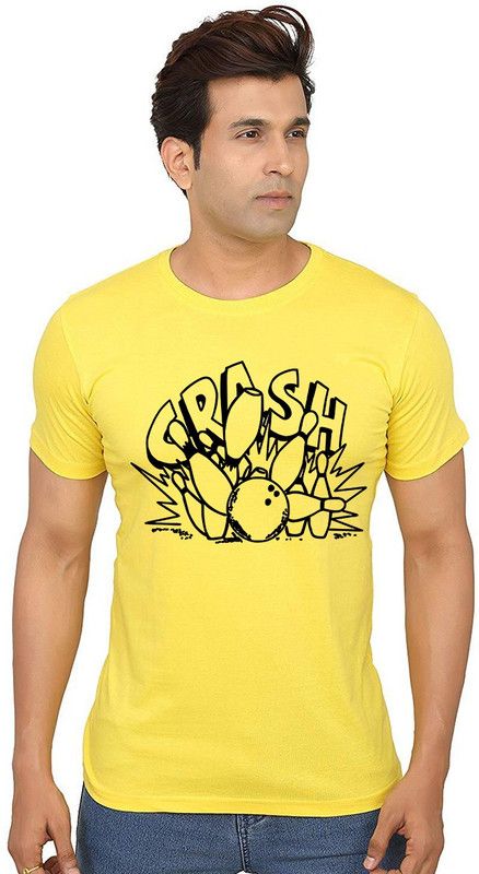 Crash Men Printed Round Neck Pure Cotton Yellow T-Shirt