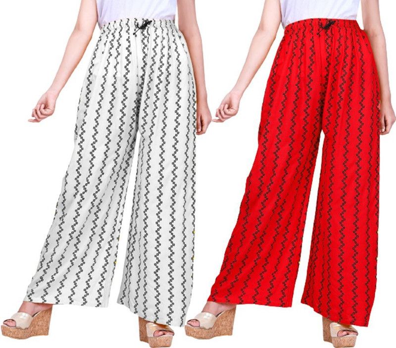Pack of 2 Women Relaxed White, Red Viscose Rayon Trousers