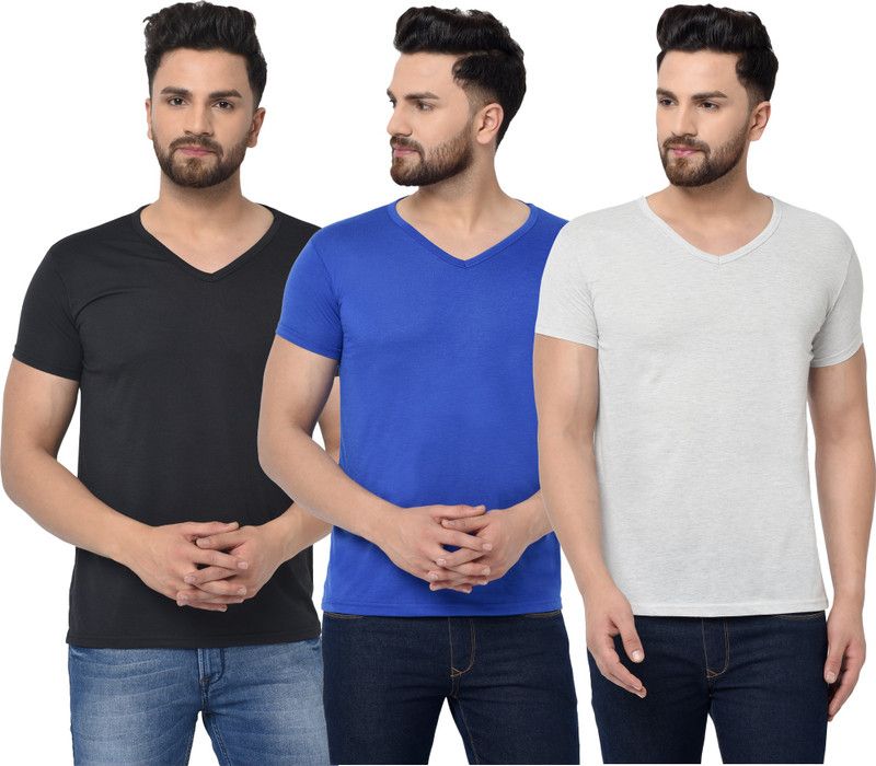 Pack of 3 V Neck T-Shirt Combo of 3 Men Solid V Neck Cotton Blend Blue, Black, Grey T-Shirt