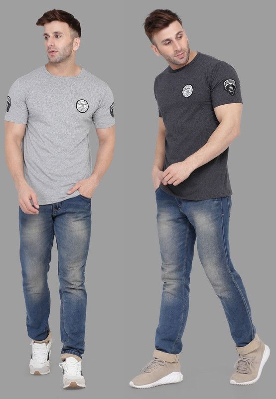 Pack of 2 Faizaan Men Solid Round Neck Cotton Blend Silver, Grey T-Shirt