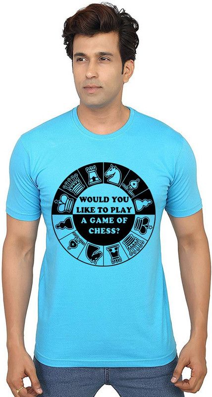 Would You Like Men Graphic Print Round Neck Pure Cotton Light Blue T-Shirt