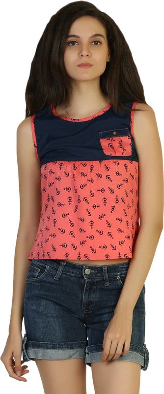 Casual Sleeveless Graphic Print Women Blue, Orange Top