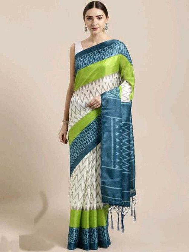 Printed Kanjivaram Lycra Blend Saree  (White, Blue, Light Green)