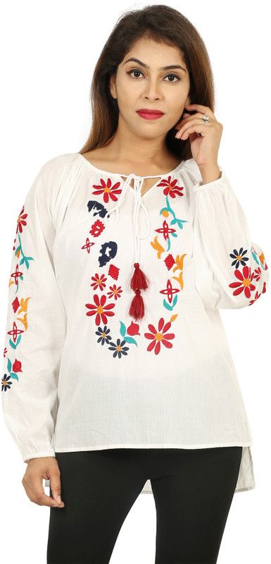 Casual Raglan Sleeves Embroidered Women White Top