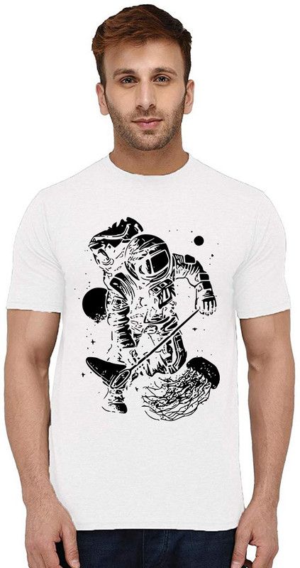 Astronaut Catching Jellyfish Men Printed Round Neck Pure Cotton White T-Shirt