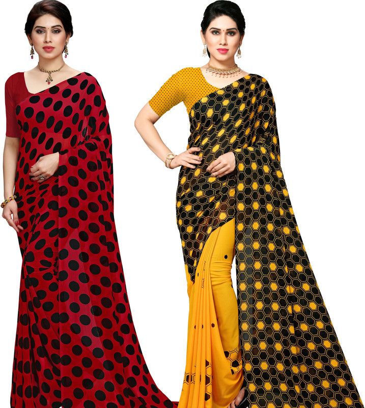 Polka Print, Floral Print Daily Wear Georgette Saree  (Pack of 2, Black, Yellow)