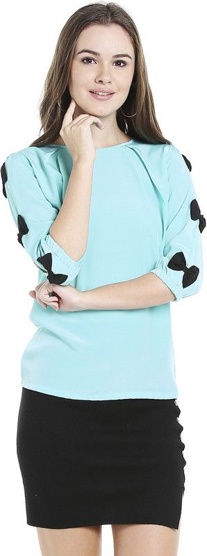 Casual Bishop Sleeve Solid Women Light Blue, Black Top