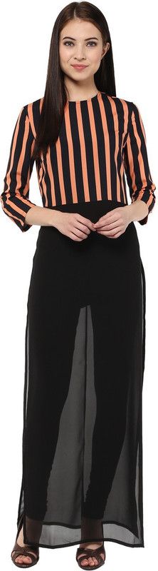 Casual Striped Women Black, Orange Top